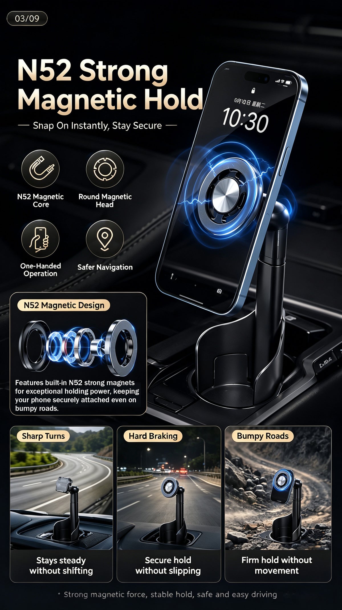 Cup Holder Magnetic Phone Mount for Car, Telescopic Adjustable N52 Strong Magnet Car Phone Holder