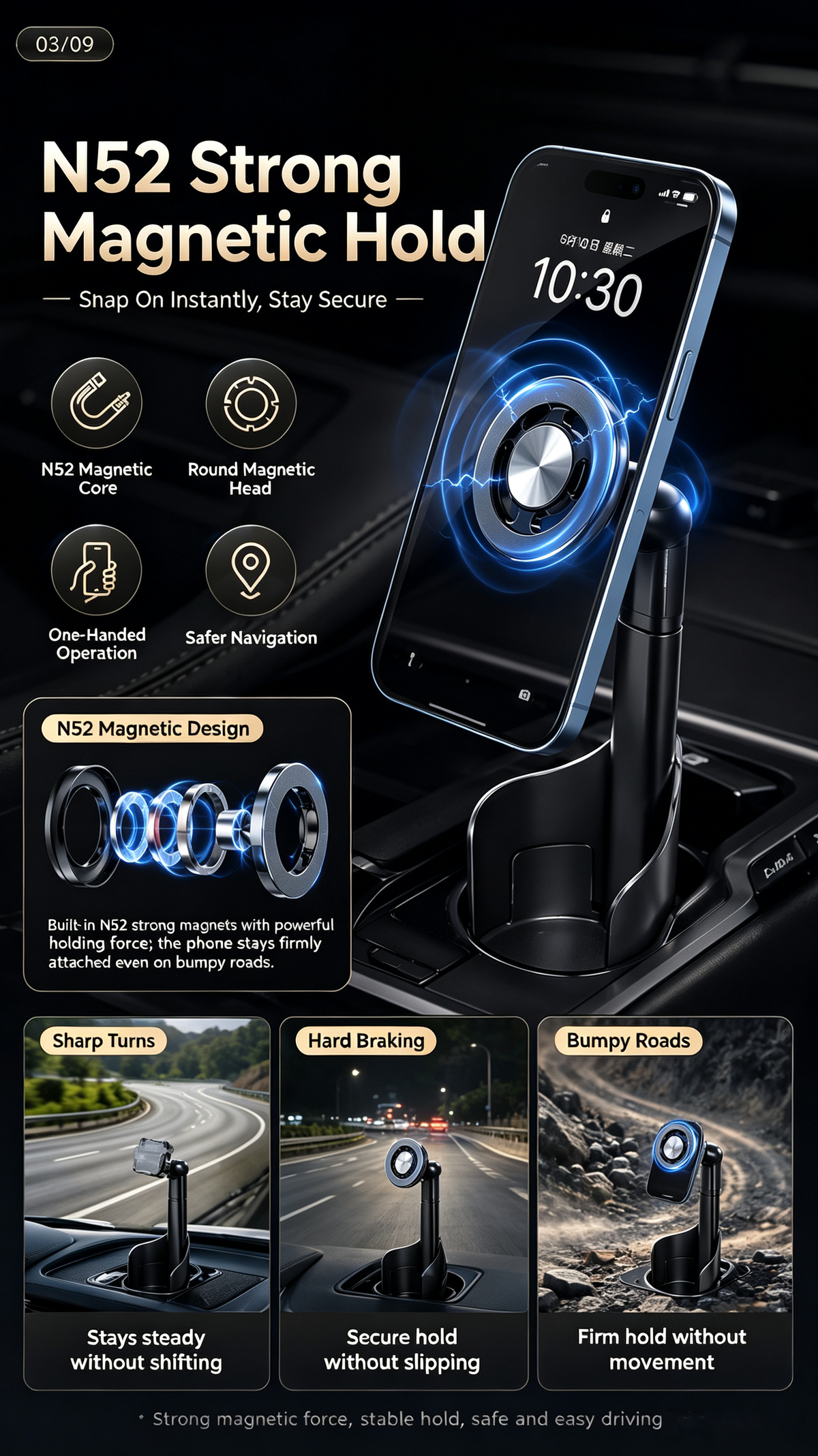 Cup Holder Magnetic Phone Mount for Car, Telescopic Adjustable N52 Strong Magnet Car Phone Holder