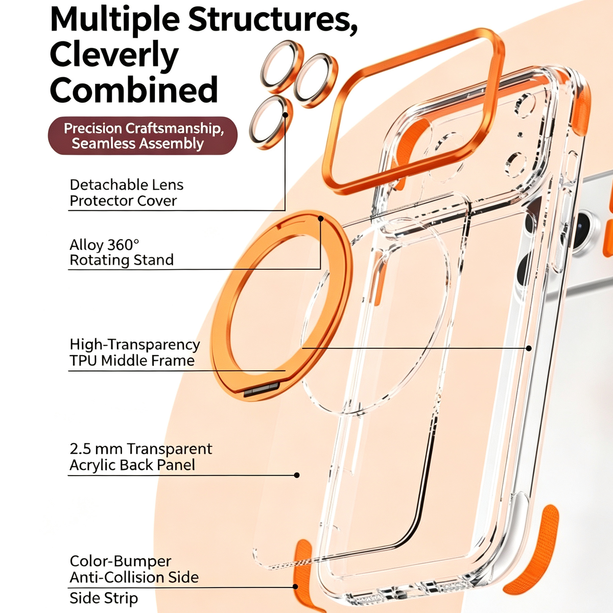 Transparent Magnetic Stand Phone Case for iPhone Series with Lens Protection
