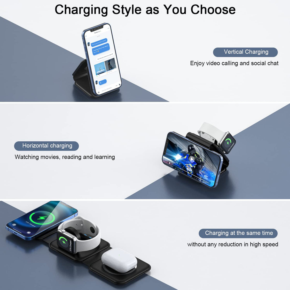 Wireless Charger 3 in 1 Magnetic Travel Wireless Charging Station Compatible