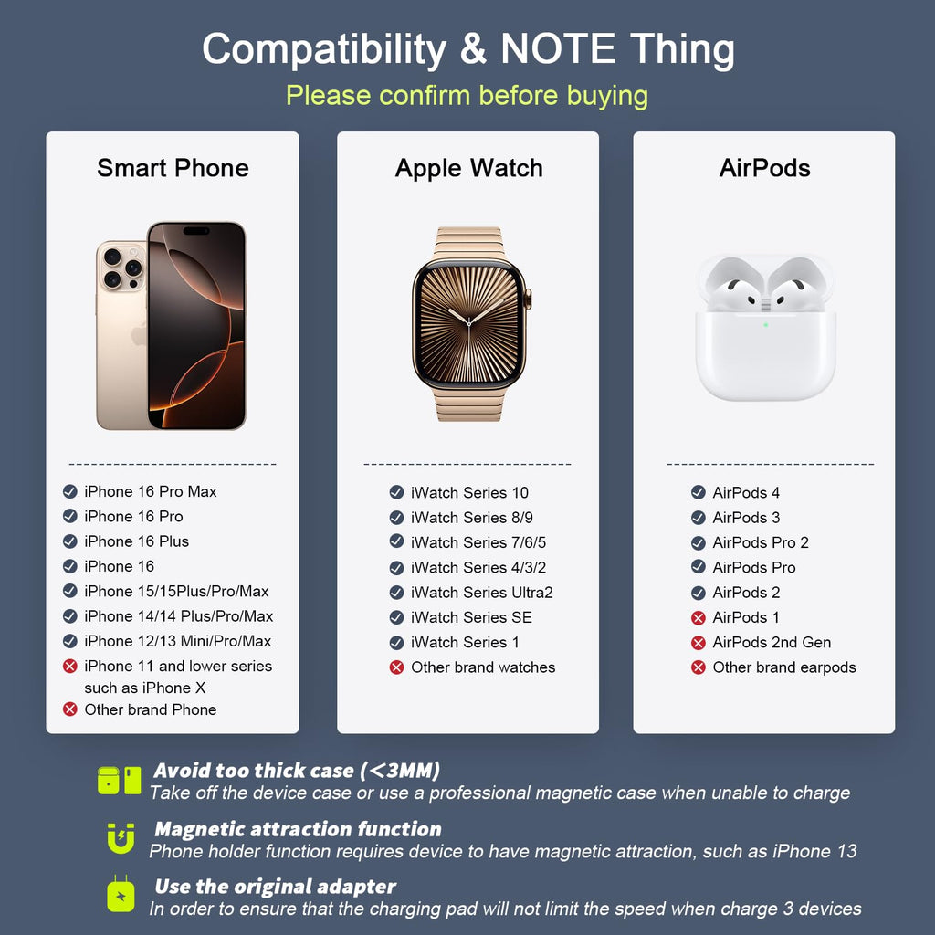 Wireless Charger 3 in 1 Magnetic Travel Wireless Charging Station Compatible